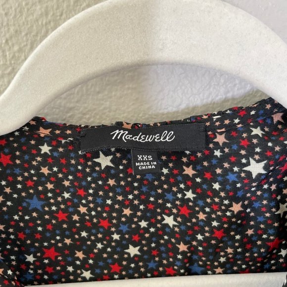 Madewell Silk Ruffle-Hem Wrap Top in Starry Night Black Red White Blue Size XXS - Picture 8 of 11